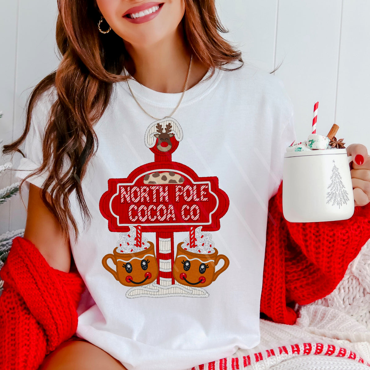 North Pole cookie co (with two gingerbread hot cocoa mugs) faux embroidery 111682 DTF transfer