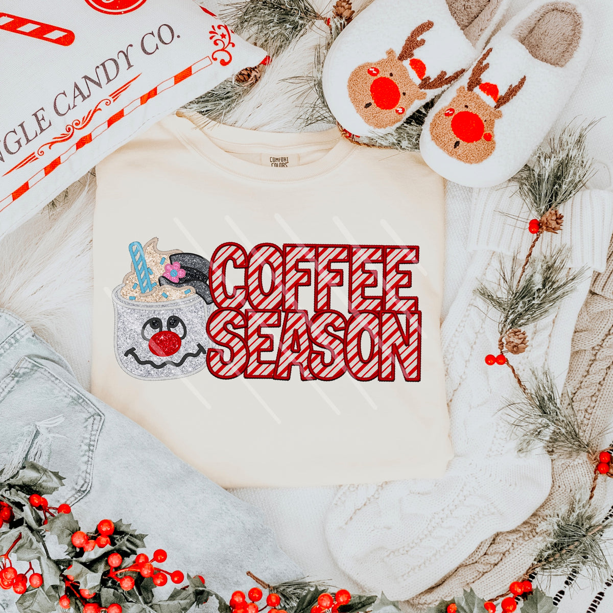 Coffee season red striped letters and frosty mug 111690 DTF transfer
