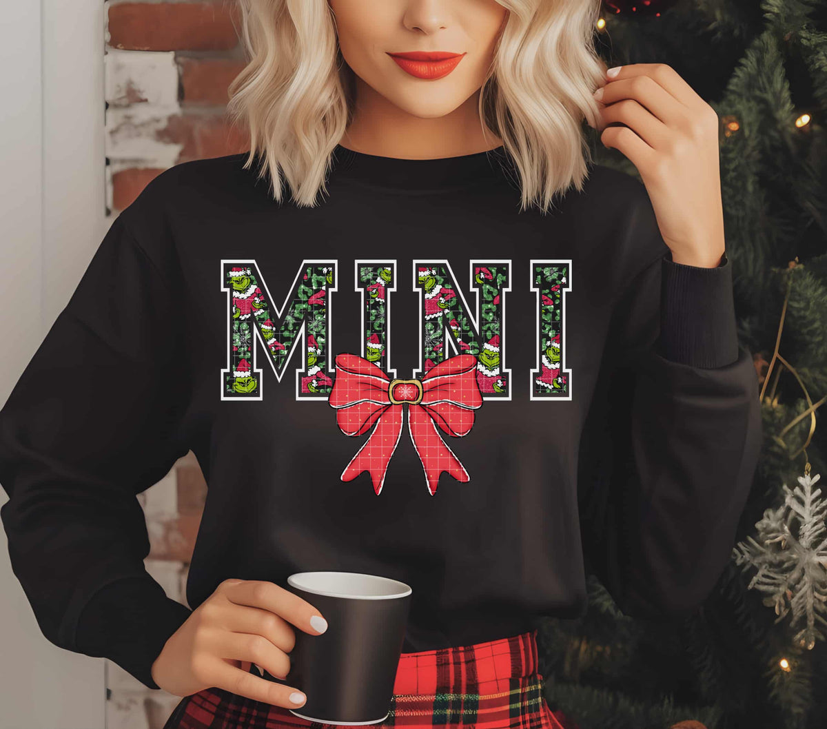Mini green guy letters WHITE OUTLINE red bow (linda) DTF transfer