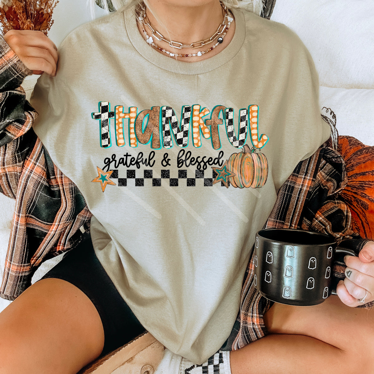 Thankful teal and orange checker DTF transfer