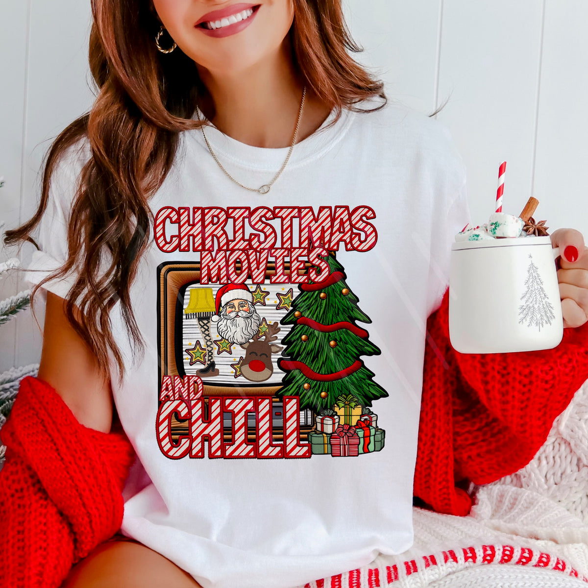 Christmas Movies and chill red striped letters 111679 DTF transfer
