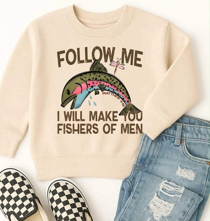 Follow me fishers of men with pink dragonfly (s&g) DTF transfer