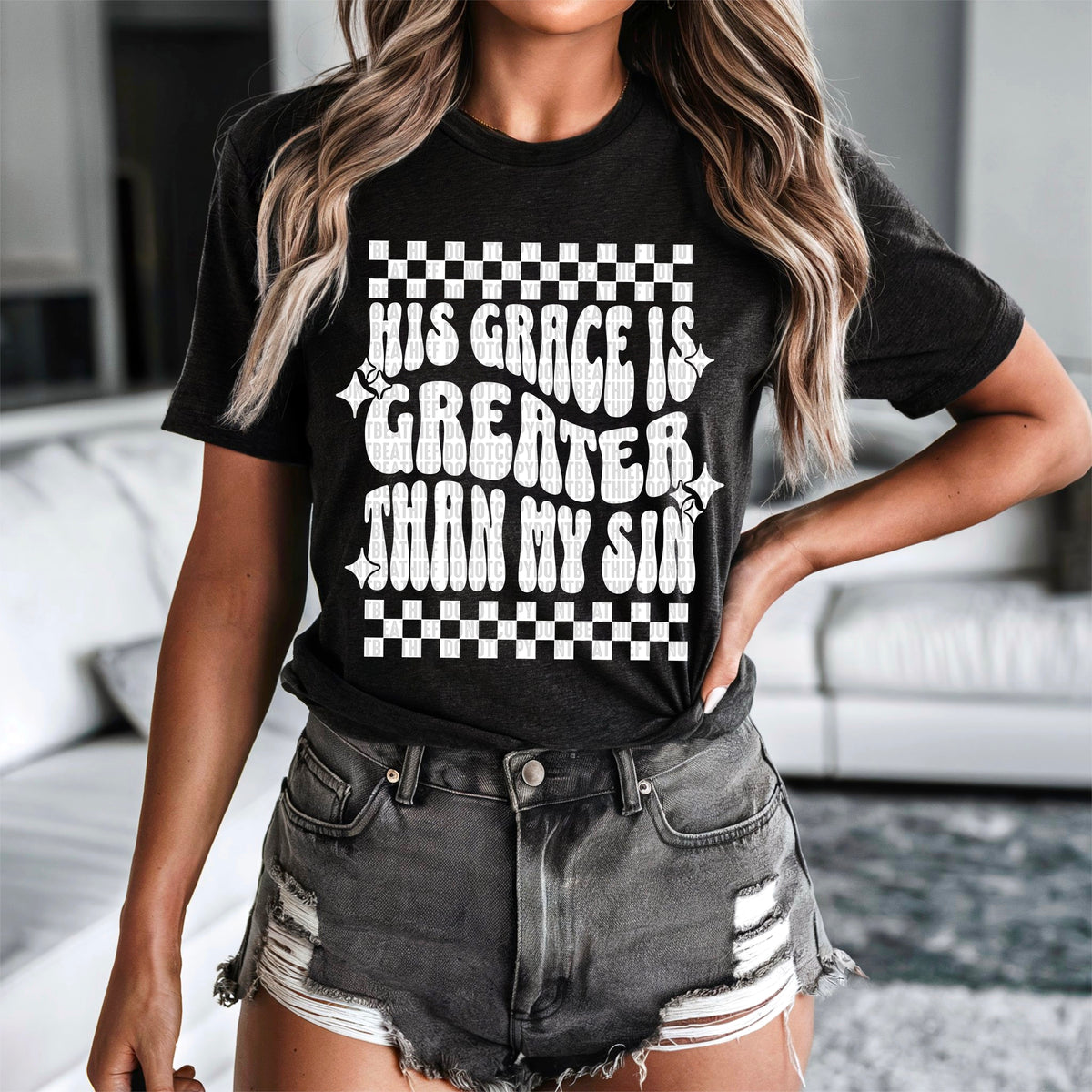 His grace is greater than my sin checkered white font 93561 DTF transfer