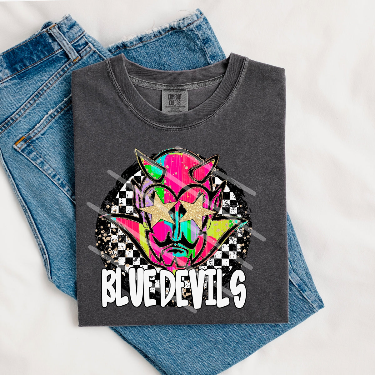Blue Devils Mascot rainbow checker circle (county line) 111044 DTF transfer