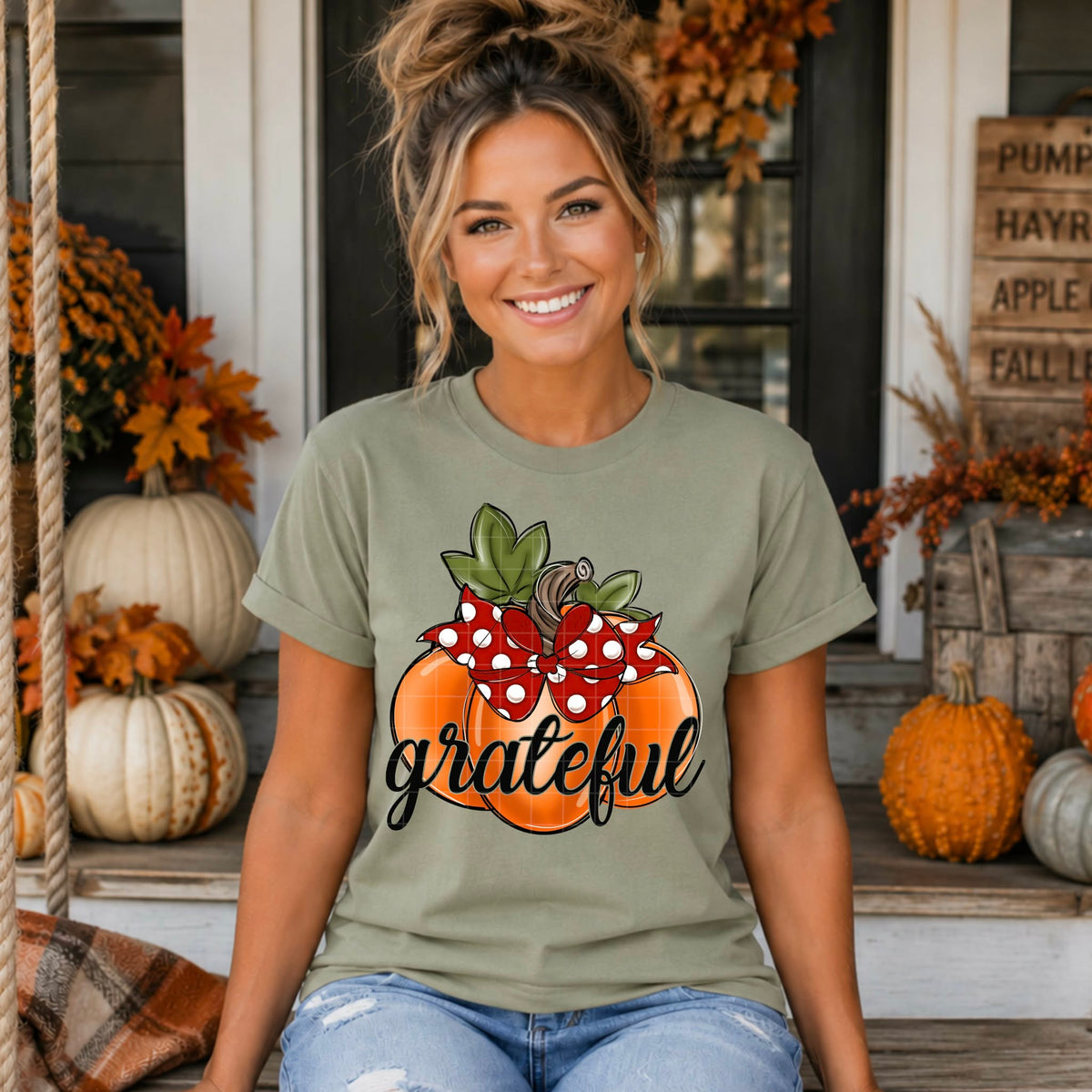 Grateful pumpkin with red polkadot bow (SDD) DTF Transfer