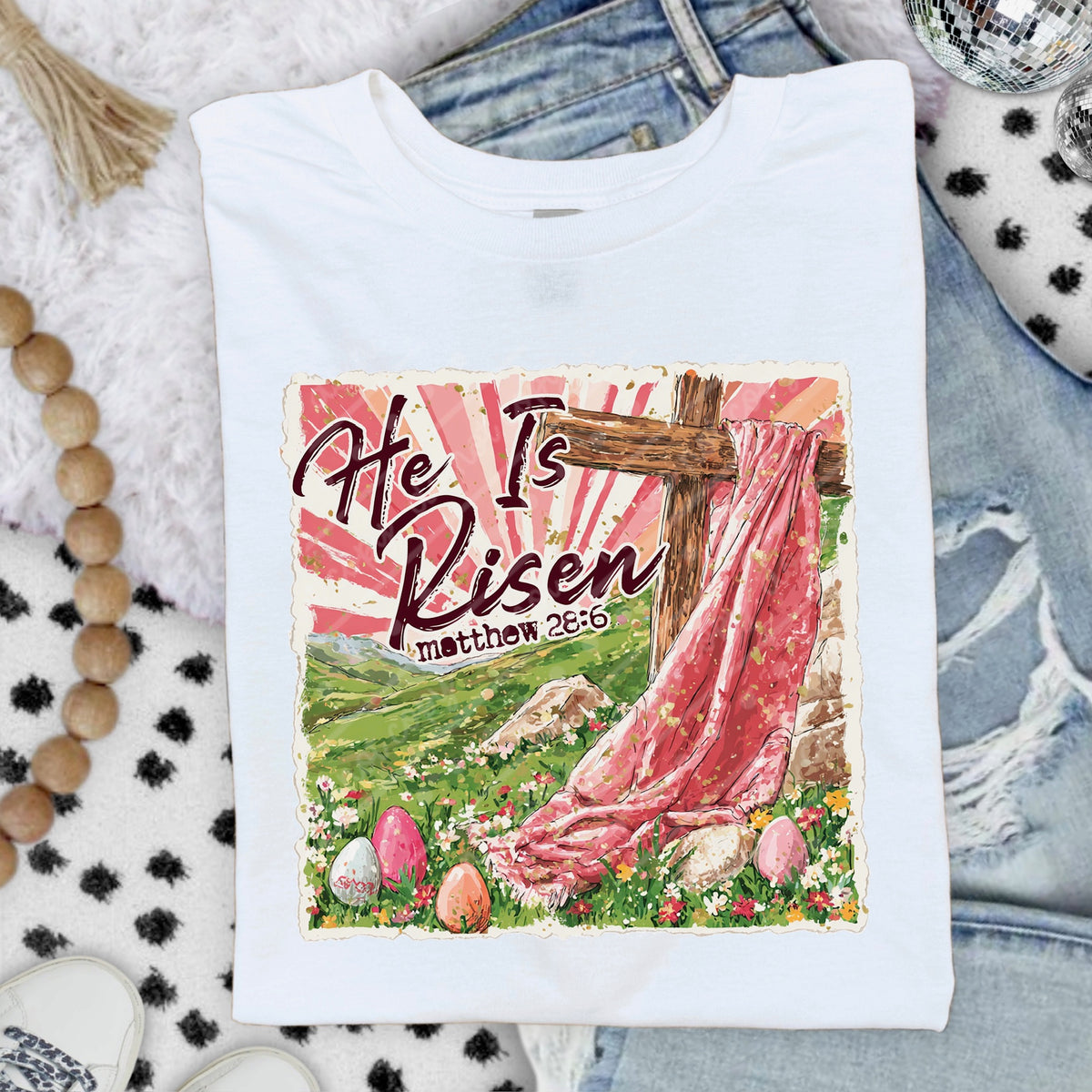 He is risen cross and Easter eggs DTF Transfer