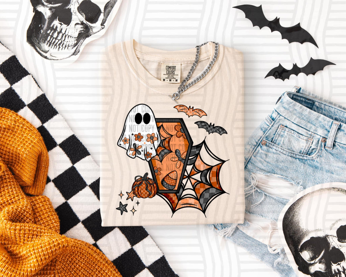 Ghost with coffin and spider web checker (caplinger) DTF transfer