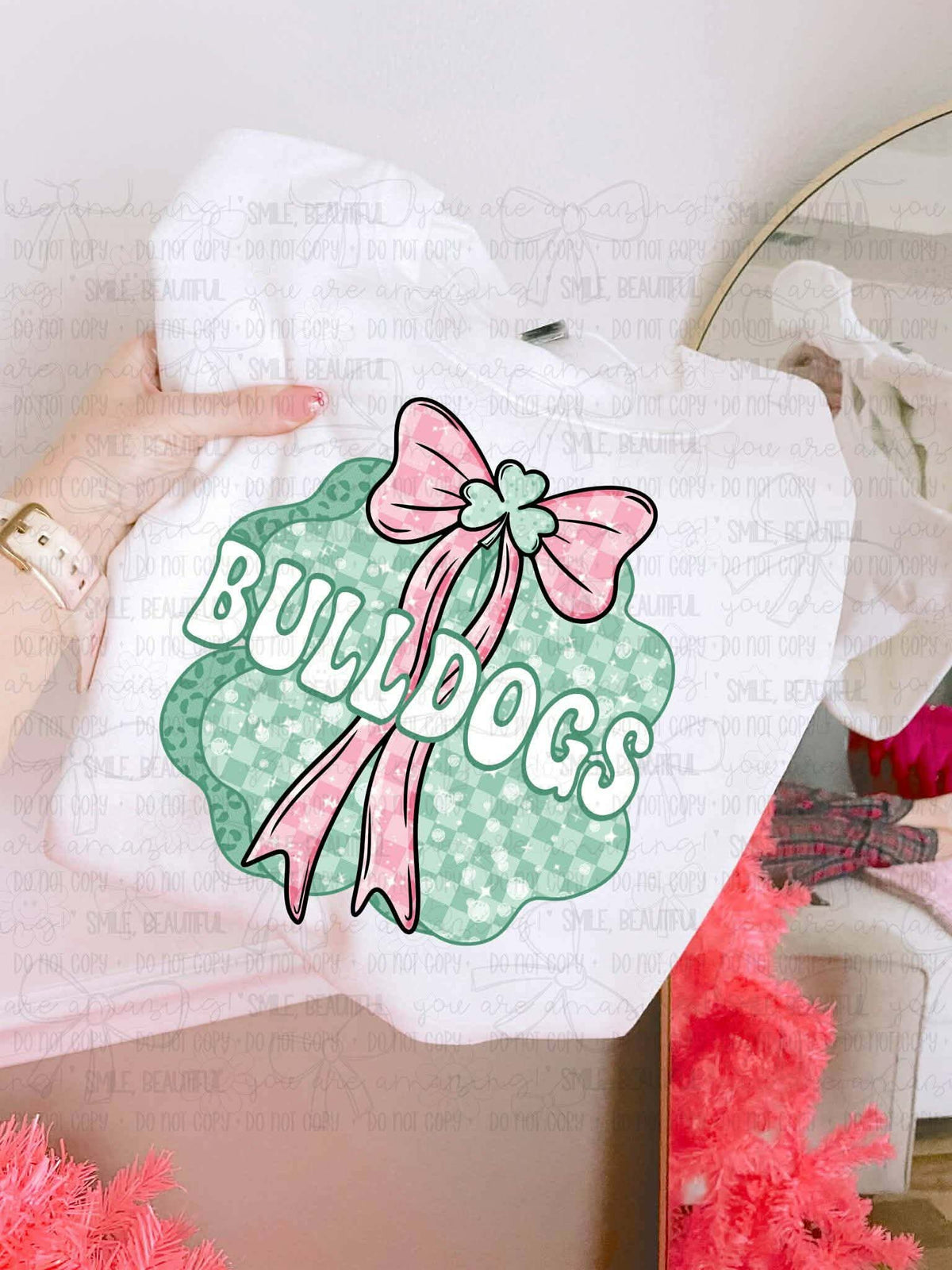 Bulldogs mascot (with pink bow and clover) (MZ) DTF transfer
