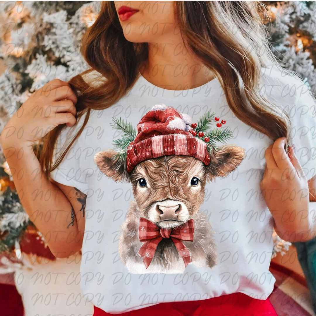 Baby cow with red hat and bow tie (vintage) 67321 DTF transfer