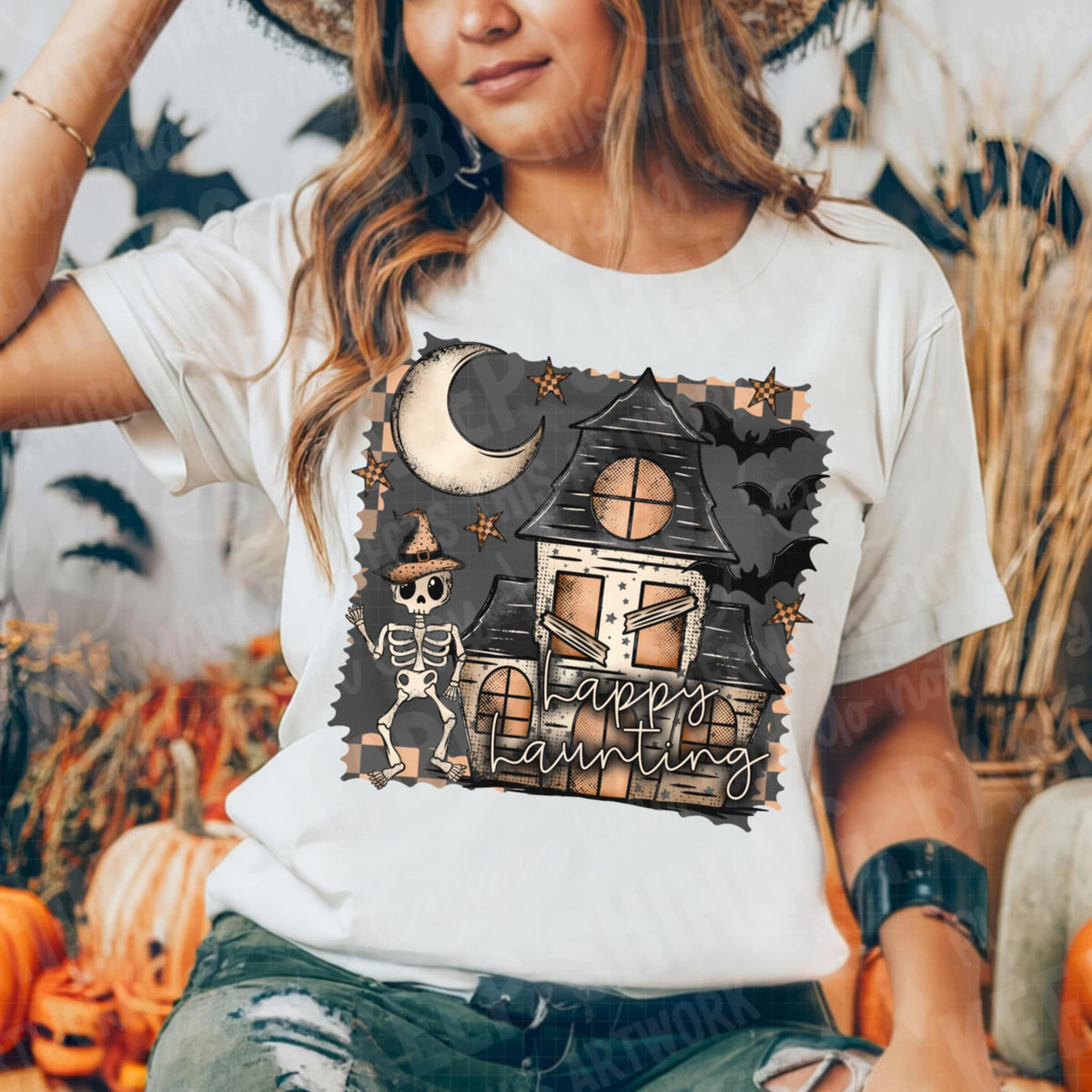 Happy Haunting haunted house (two peas) DTF transfer