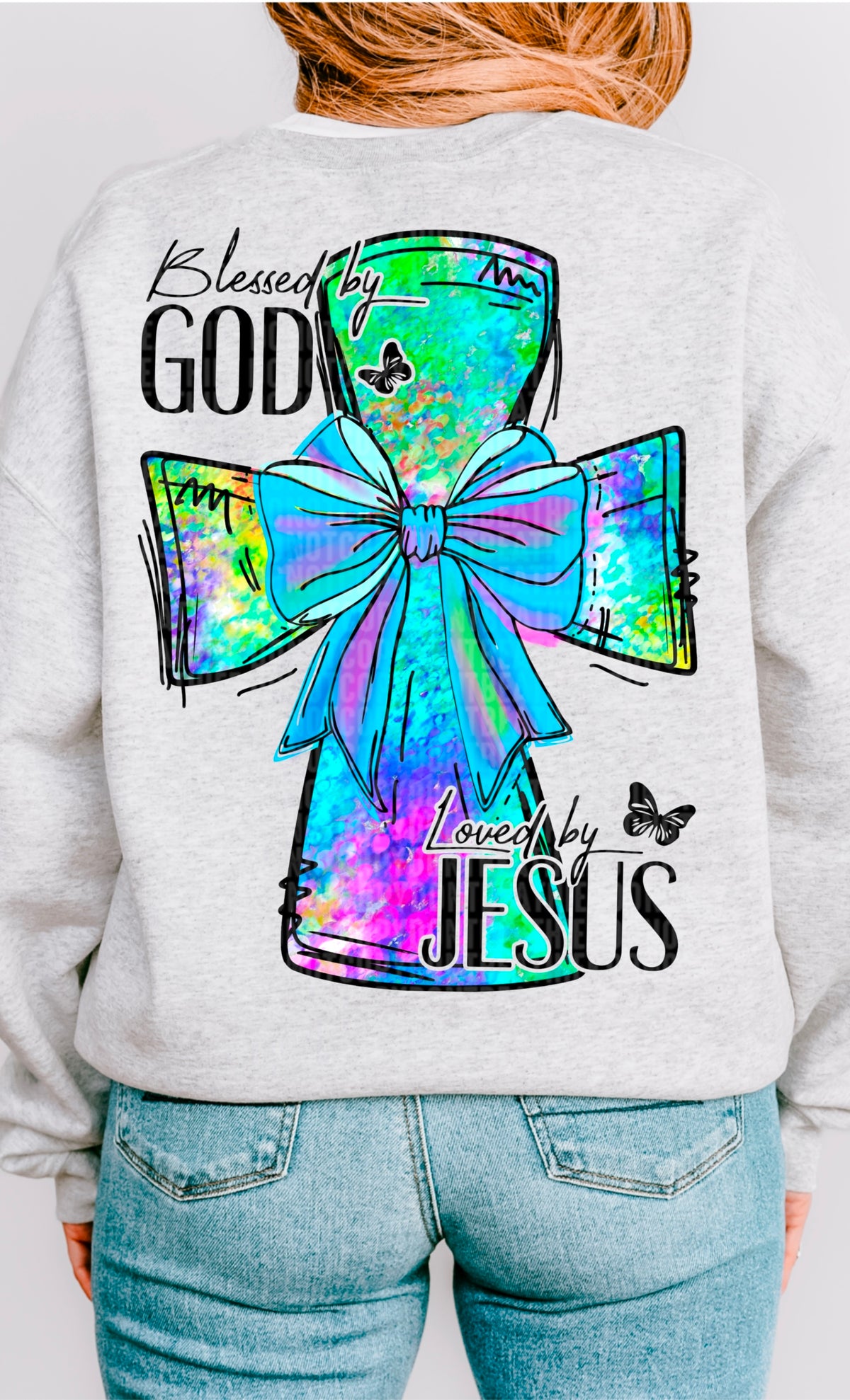 Blessed by god loved by Jesus cross black font 93345 DTF transfer