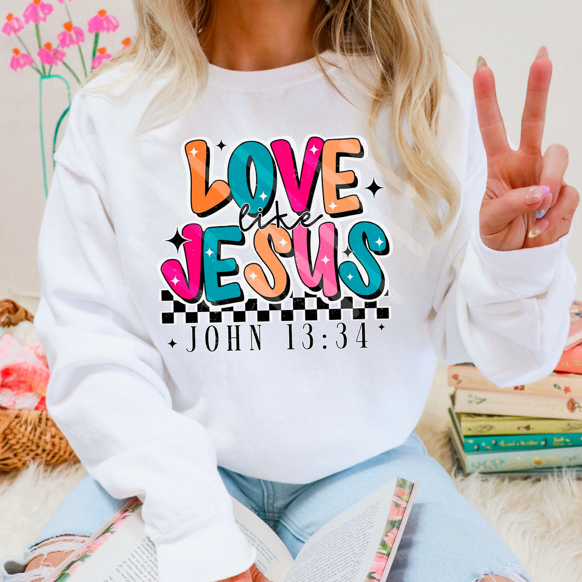 Love Like Jesus orange teal pink letters (scarlow) 114339 DTF transfer