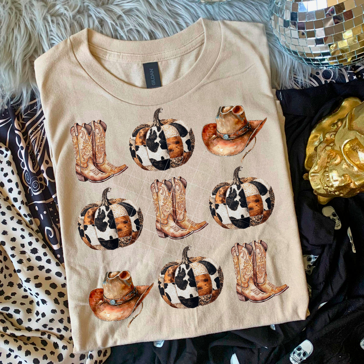 Western Fall Grid Boots Hat Cow print Pumpkin 110811 DTF transfer