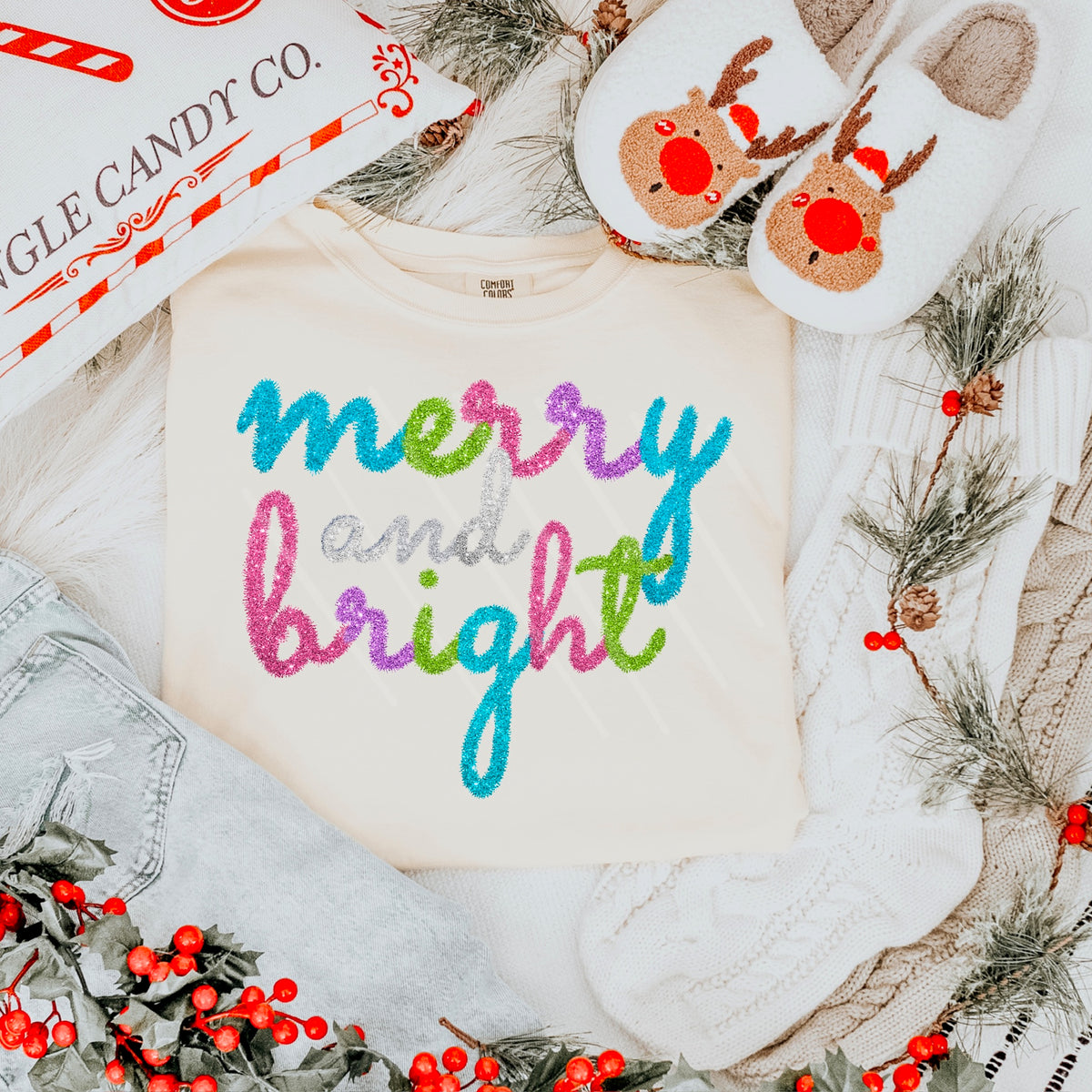 Merry and Bright tinsel COLORFUL 111617 DTF transfer