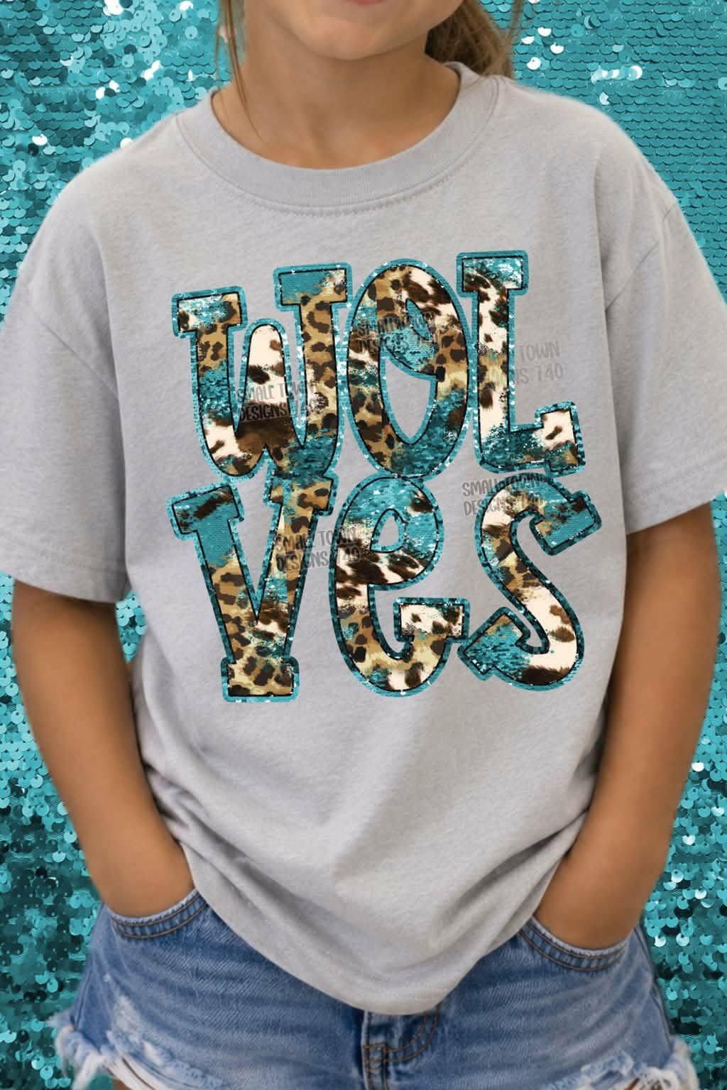 Wolves animal print blue sequin outline (STD) DTF transfer
