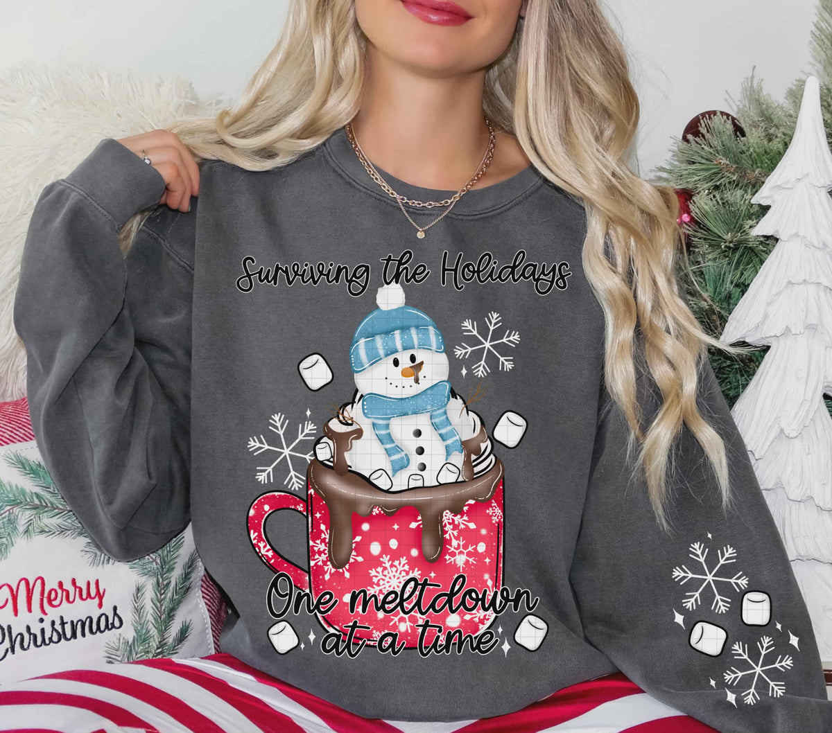 Surviving the holidays snowman red mug (front only) (linda) DTF Transfer