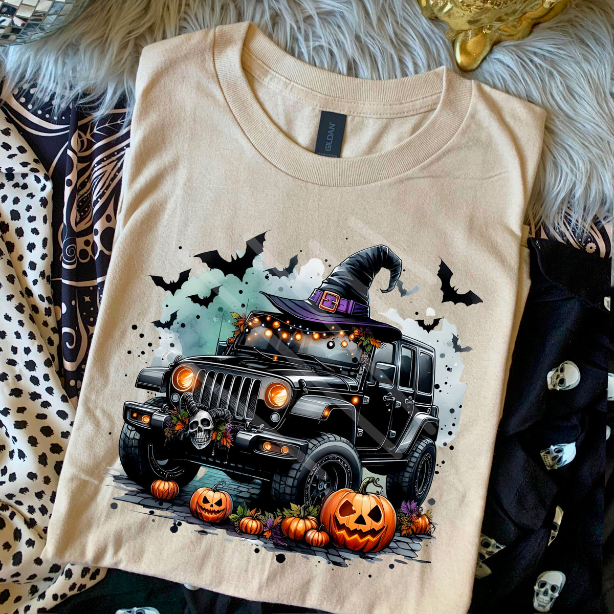 Black Car with witch hat and pumpkins 110758 DTF transfer