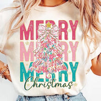 Merry Christmas stacked red pink and blue 64819 DTF transfer