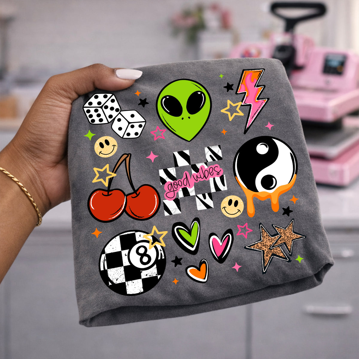 Good vibes collage  (alien, yin yang, checker) (CSC) DTF Transfer