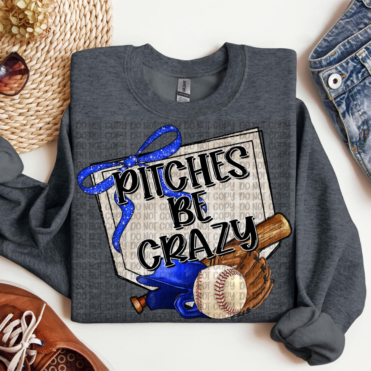 Pitches be crazy blue bow baseball (VP) 91948 DTF transfer