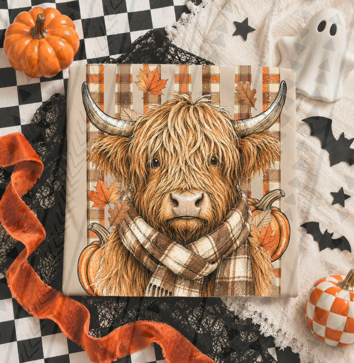 Highland cow with brown cream scarf plaid background (Kai) DTF Transfer