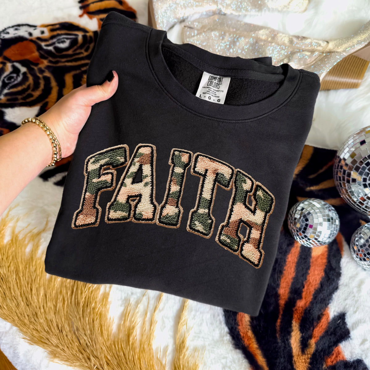 Faith camo faux patch DTF transfer
