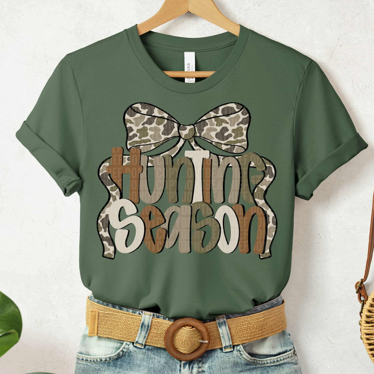Hunting season camo bow brown, cream, green lettering SDD DTF transfer