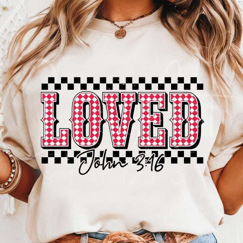 Loved John 3:16 red and white 75897 DTF transfer