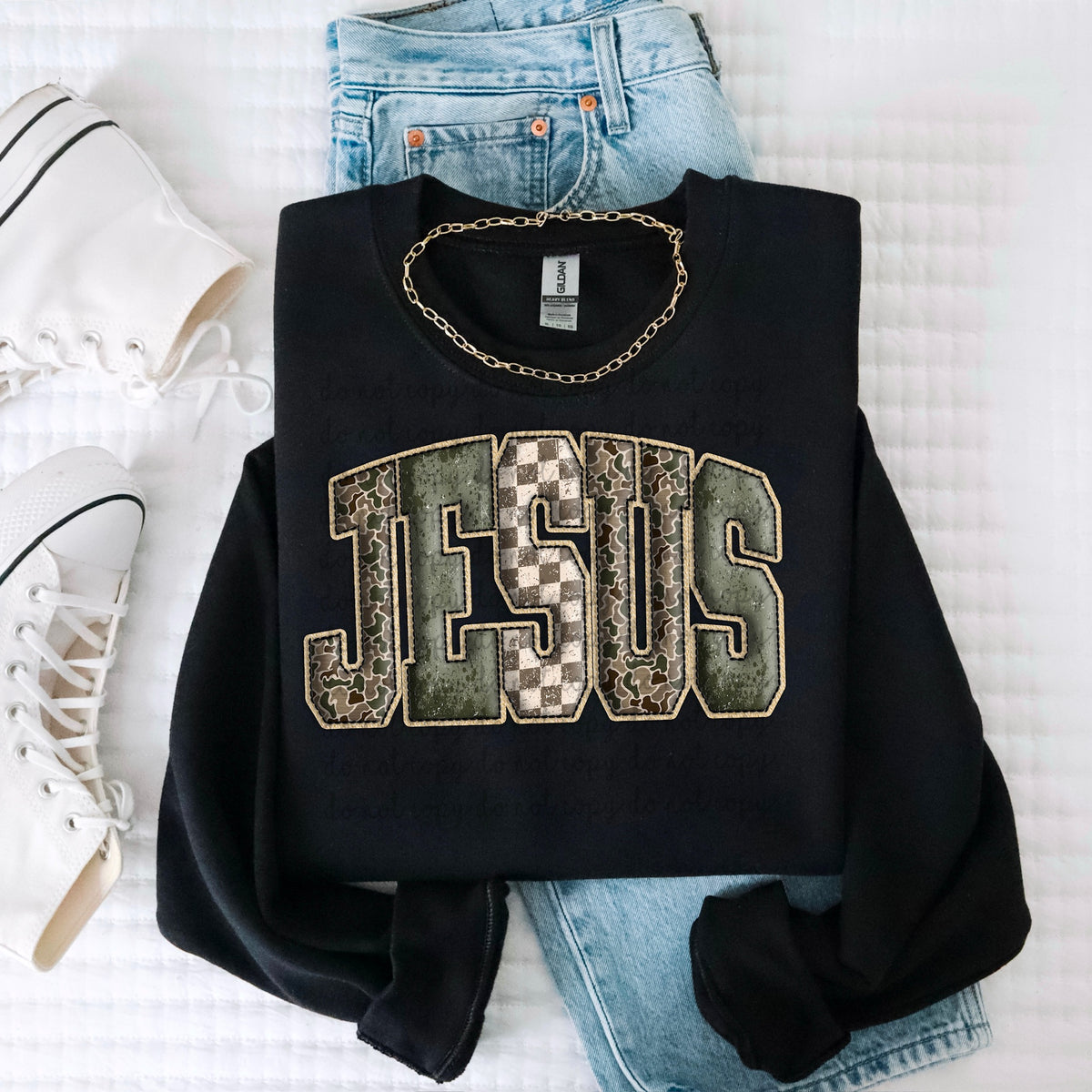 Jesus camo and checker varisty font 116759 DTF Transfer