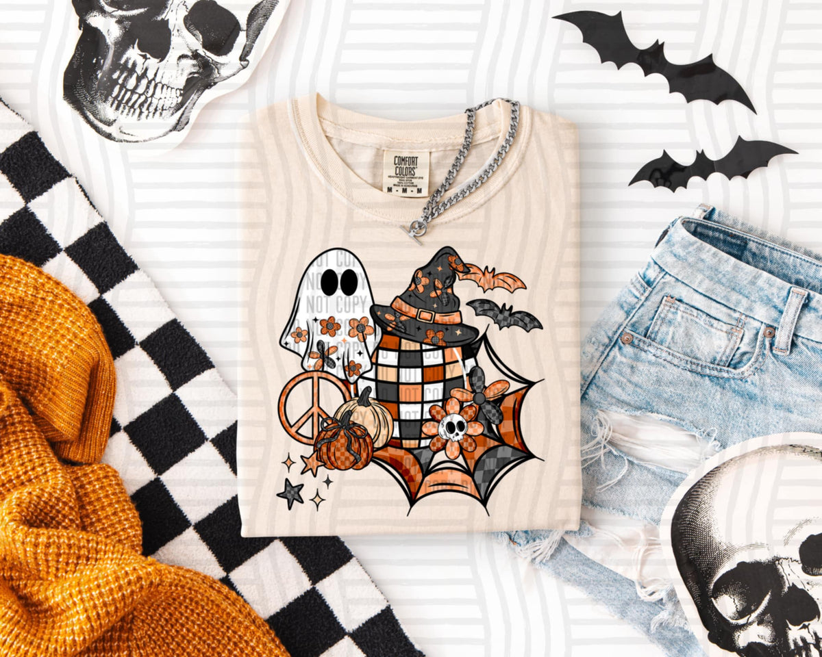 Ghost with disco witch hat and spider web checker (caplinger) DTF transfer