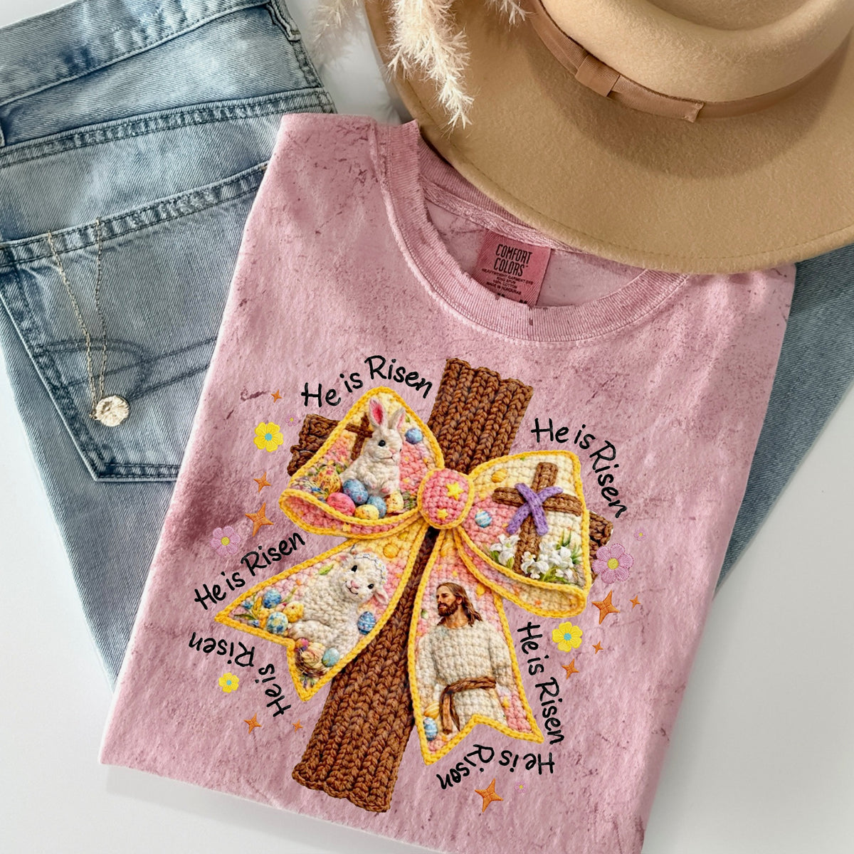 He is risen faux yarn bow and cross DTF Transfer