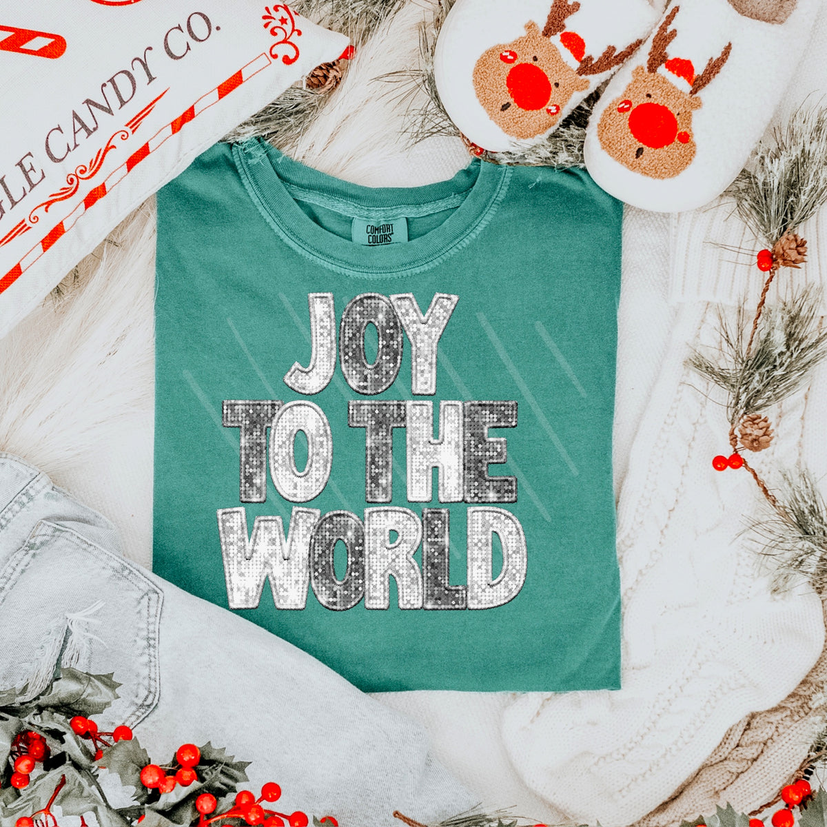 Joy To The World Faux Sequins SILVER AND WHITE 111609 DTF transfer