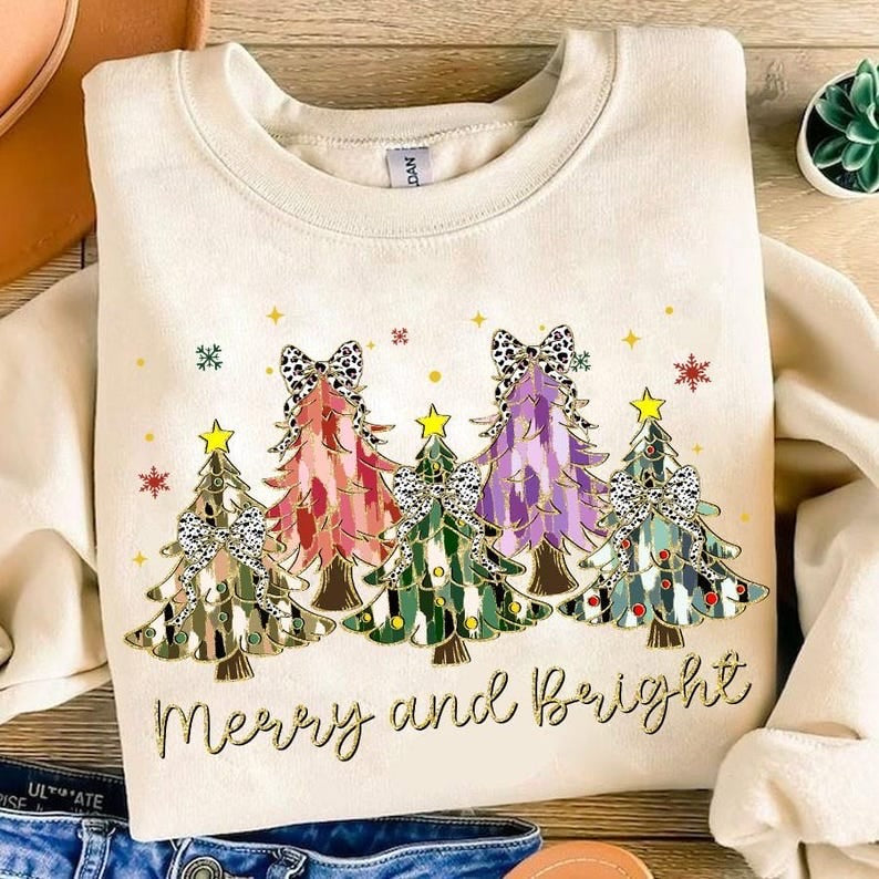Merry and bright brushstroke trees 64835 DTF transfer