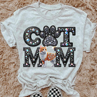 Orange and white Cat mom rhinestone 49186 DTF transfer