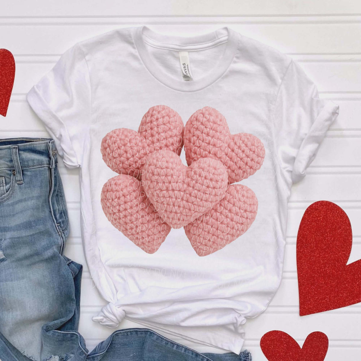 Pink faux crochet hearts (city) DTF transfer