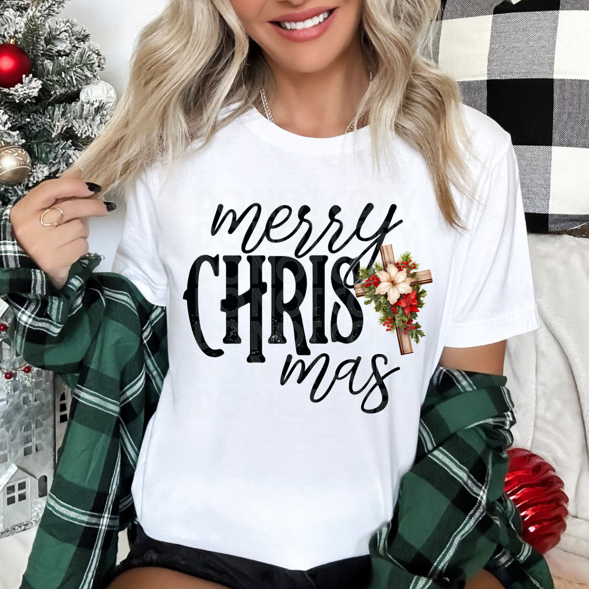 Merry Christmas cross with flowers (renewed) 67497 DTF transfer