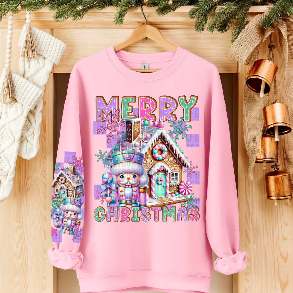 Merry Christmas Pastel gingerbread and nutcracker front only 113226 DTF transfer