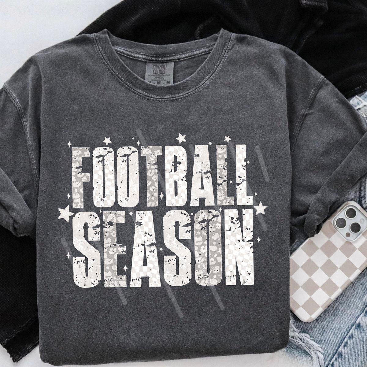 Football season gray stars checker and cheetah 113685 DTF transfer