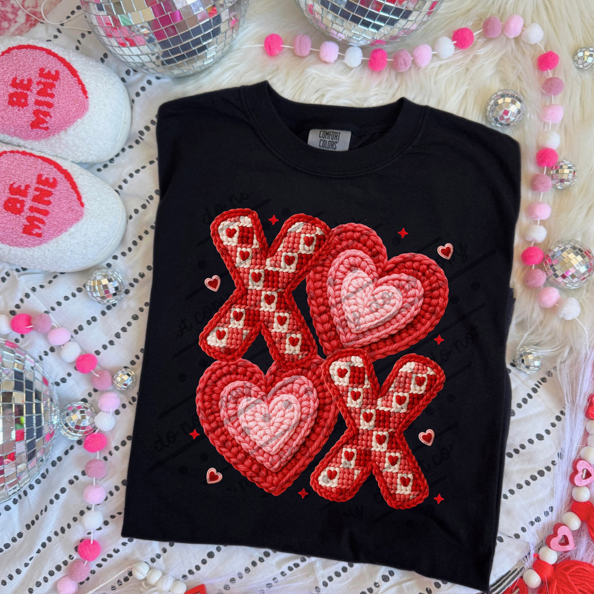 Xoxo hearts faux yarn (pink and red) DTF transfer