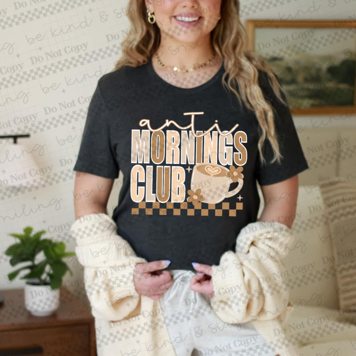 Anti Mornings Club with coffee mug and checker (white outline) DTF transfer