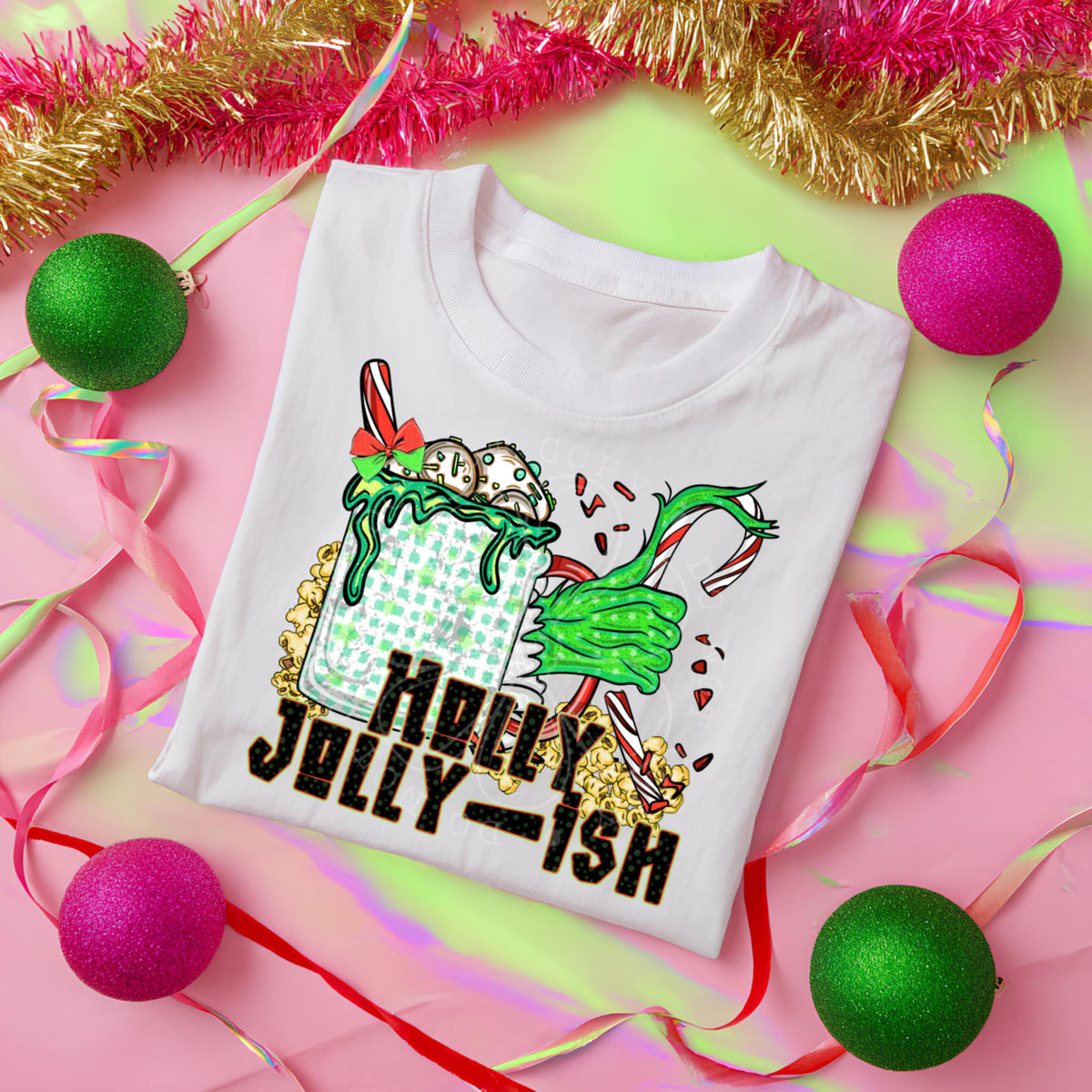 Holly Jollyish green dude mug DTF transfer