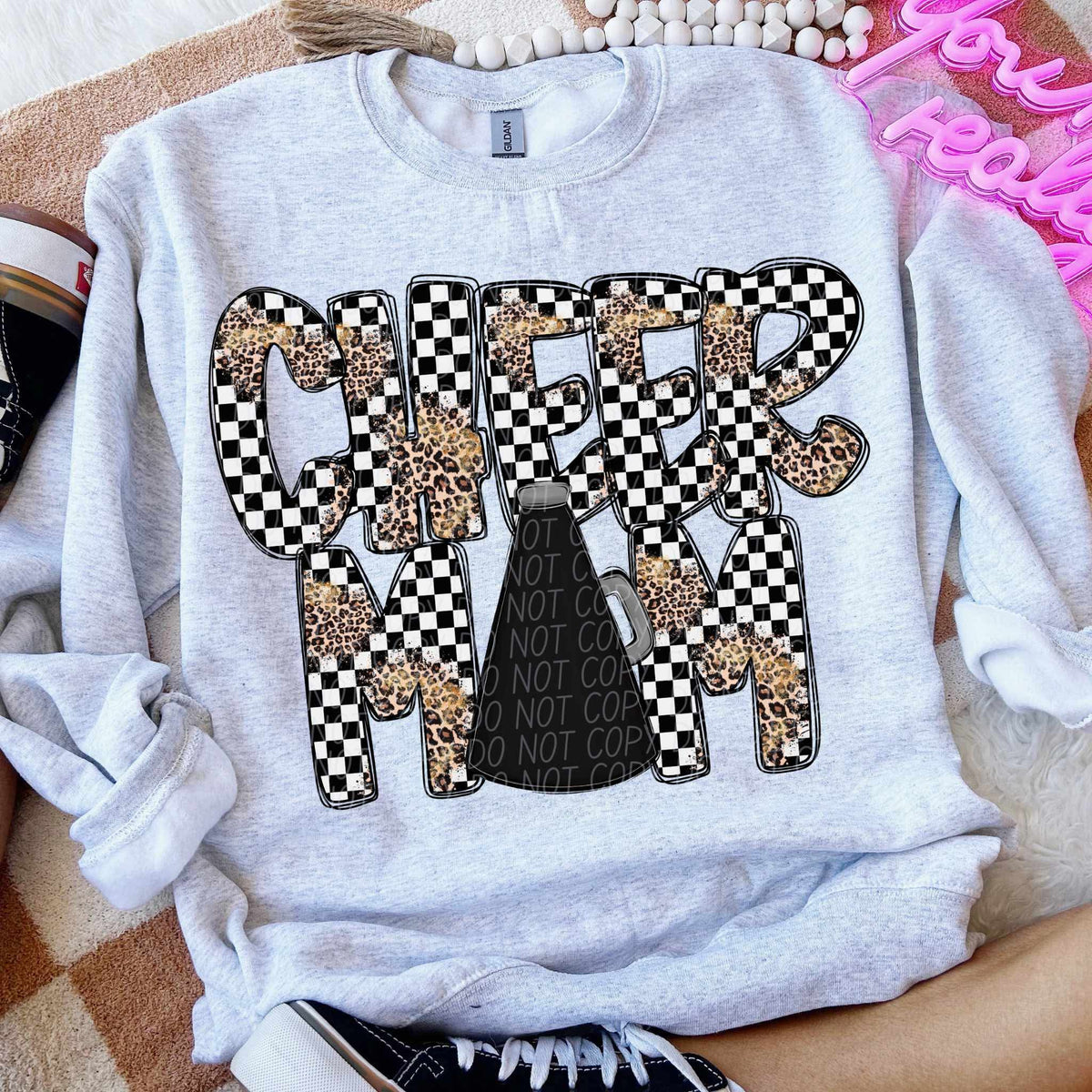 Cheer mom megaphone leopard and checkered font city DTF transfer