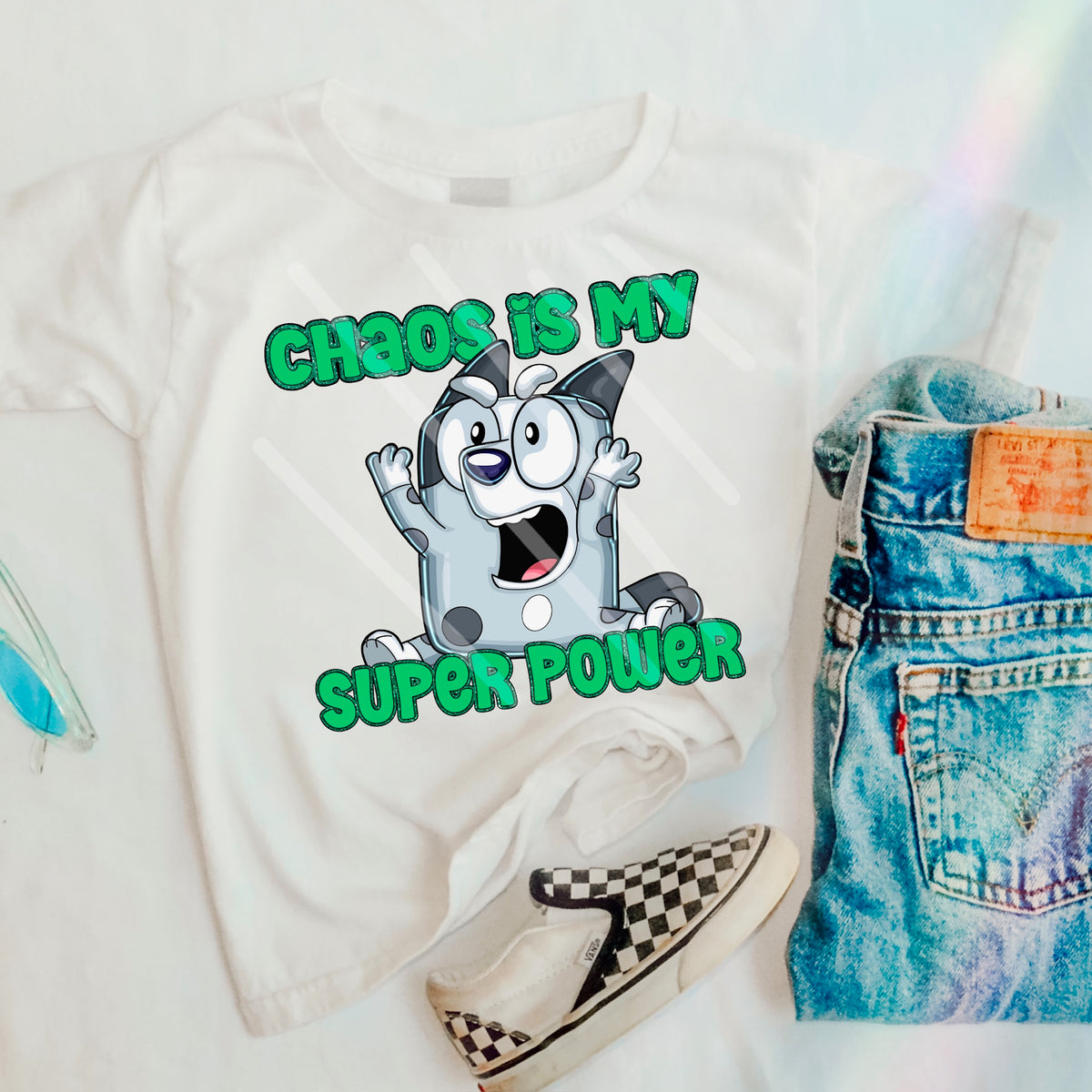 Chaos is my super power dog GREEN 110592 DTF transfer