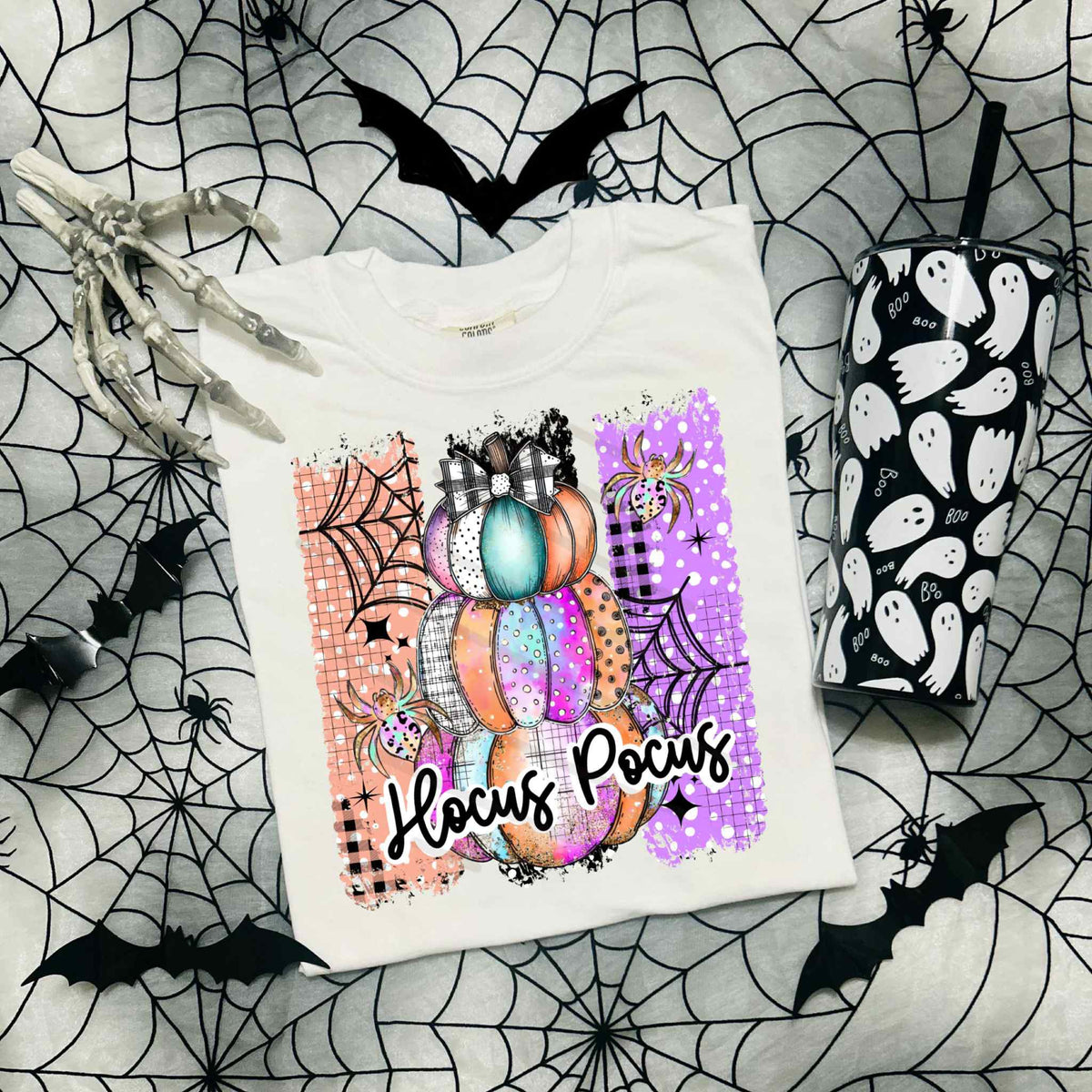 Hocus Pocus Stacked Pumpkins with plaid bow DTF transfer