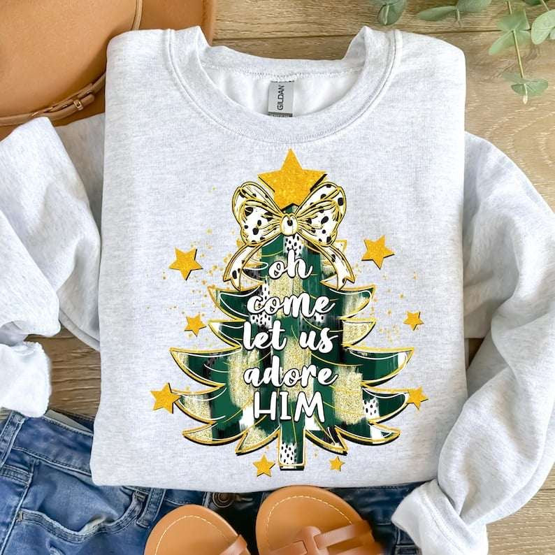 Oh come let us adore him Green and gold brushstroke tree 62192 DTF transfer