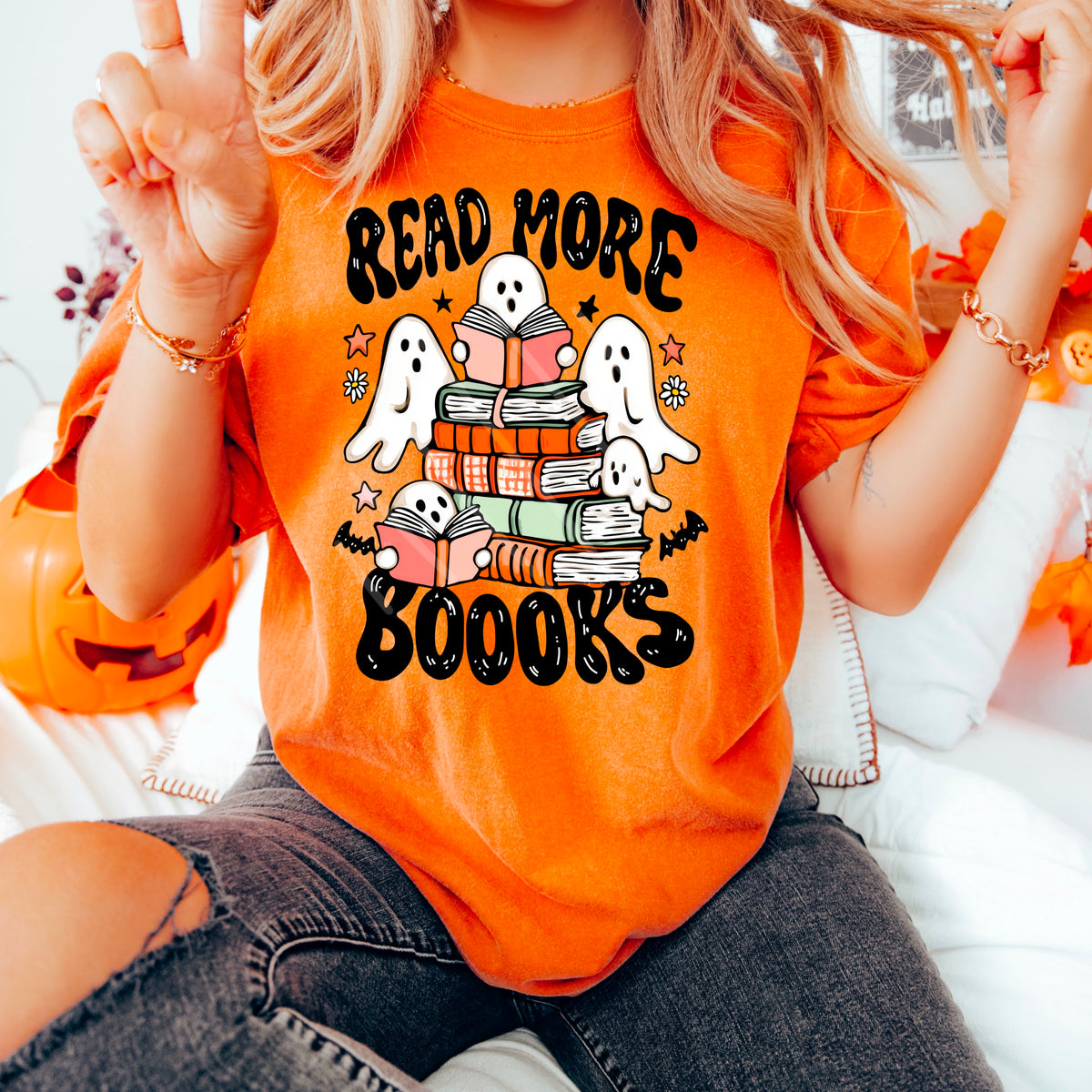 Read More Books with Book Stack and ghosts 110939 DTF transfer