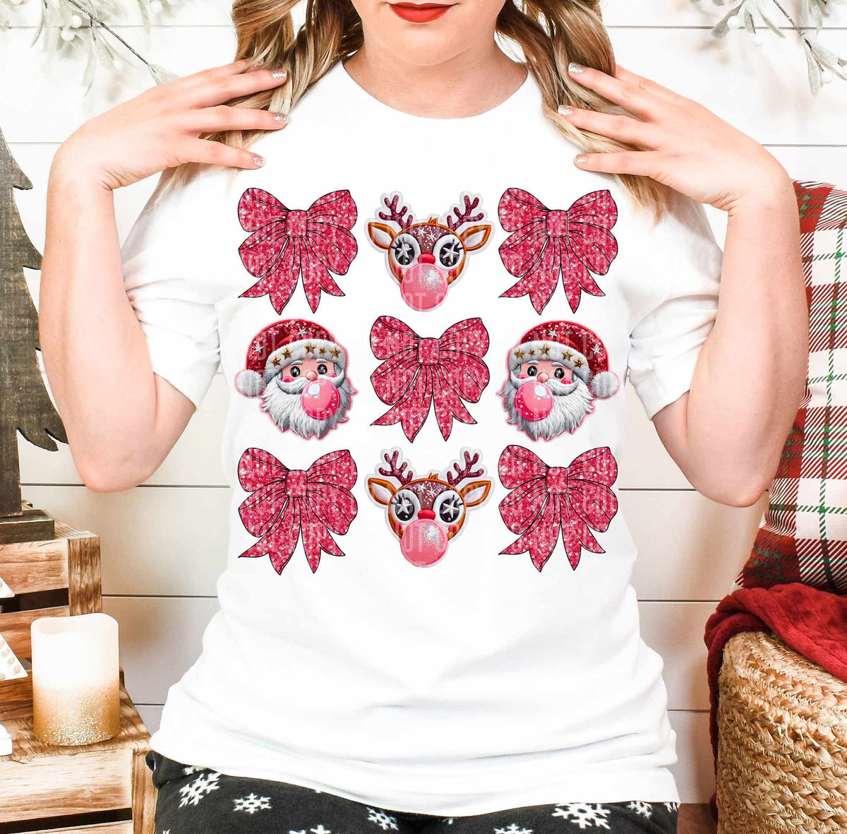 Santa and reindeer collage pink bows (caplinger) 60873 DTF transfer