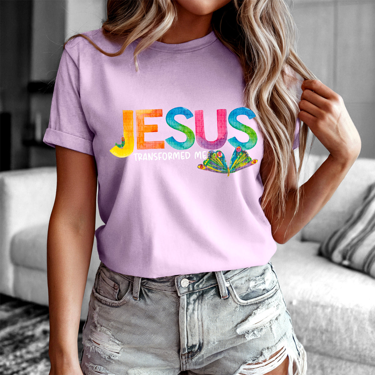 Jesus transformed me colorful and white font 91639 DTF transfer