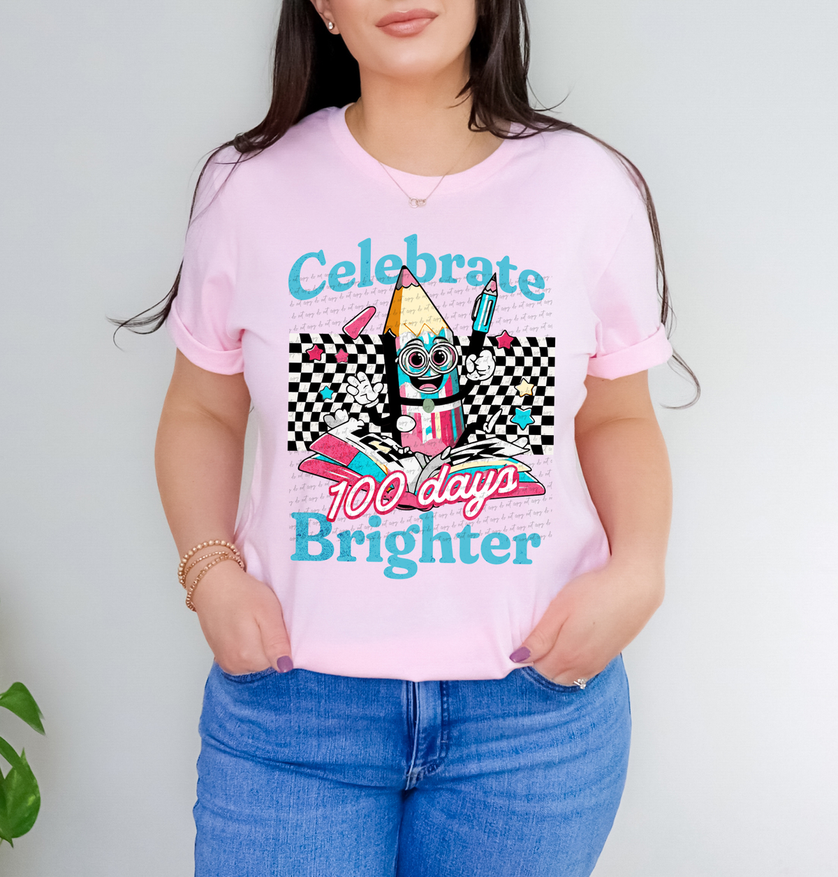 Celebrate 100 Days Of Brighter Pencil Checkered (Teacher) 81250 DTF Transfer