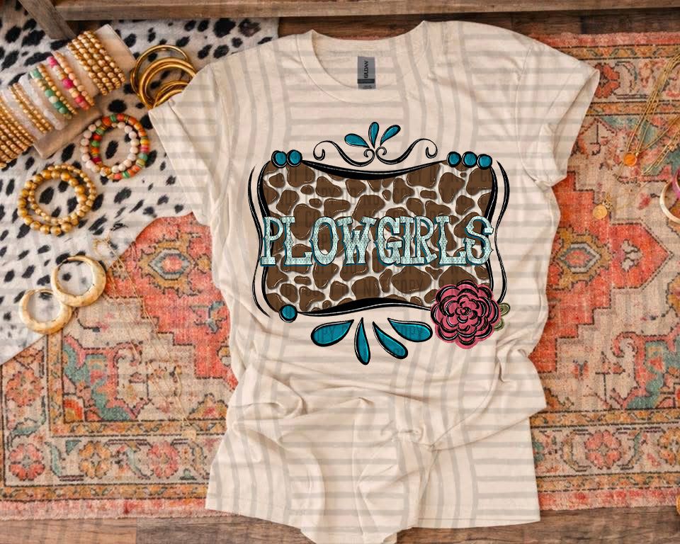Plowgirls Cowhide & Turquoise Mascots (Caplinger) DTF transfer